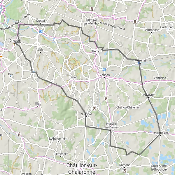 Miniatura della mappa di ispirazione al ciclismo "Tour ciclistico tra i villaggi della regione" nella regione di Rhône-Alpes, France. Generata da Tarmacs.app, pianificatore di rotte ciclistiche