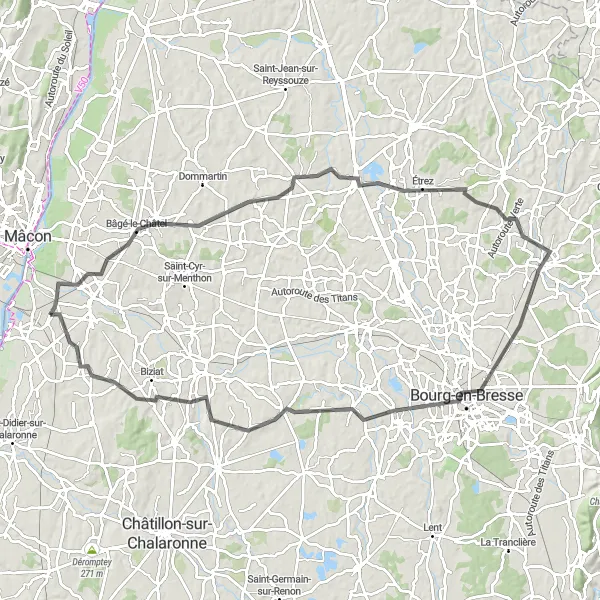Mapa miniatúra "Náročný okruh cez Bâgé-le-Châtel, Marsonnas, Saint-Étienne-du-Bois, Bourg-en-Bresse, Chanoz-Châtenay a Cruzilles-lès-Mépillat" cyklistická inšpirácia v Rhône-Alpes, France. Vygenerované cyklistickým plánovačom trás Tarmacs.app