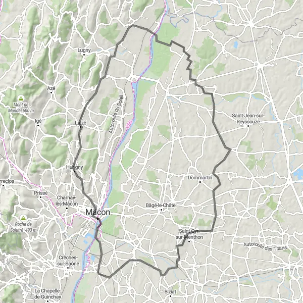 Miniatua del mapa de inspiración ciclista "Ruta por carretera a través de Mâcon, La Grisière y más" en Rhône-Alpes, France. Generado por Tarmacs.app planificador de rutas ciclistas