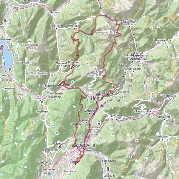 Kartminiatyr av "Grignon til Albertville via Montagne de Sulens" sykkelinspirasjon i Rhône-Alpes, France. Generert av Tarmacs.app sykkelrutoplanlegger