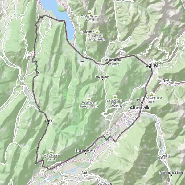 Mapa miniatúra "Grignon - Albertville - Trasa cez Belledonnes a Bauges" cyklistická inšpirácia v Rhône-Alpes, France. Vygenerované cyklistickým plánovačom trás Tarmacs.app