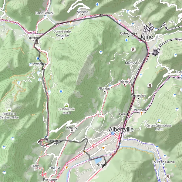 Kartminiatyr av "Grignon til Albertville via Col de Tamié" sykkelinspirasjon i Rhône-Alpes, France. Generert av Tarmacs.app sykkelrutoplanlegger