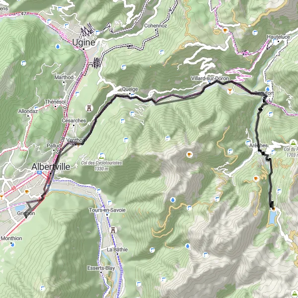 Miniatura mapy "Przejażdżka przez Arêches i Albertville" - trasy rowerowej w Rhône-Alpes, France. Wygenerowane przez planer tras rowerowych Tarmacs.app
