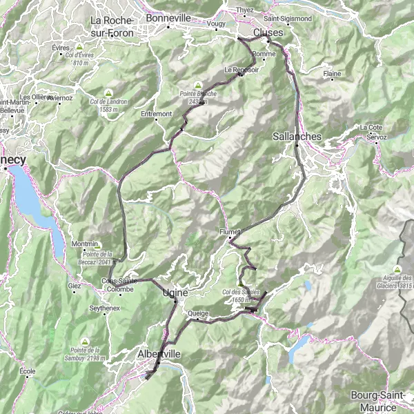 Miniaturní mapa "Cyklostezka přes Col des Saisies" inspirace pro cyklisty v oblasti Rhône-Alpes, France. Vytvořeno pomocí plánovače tras Tarmacs.app
