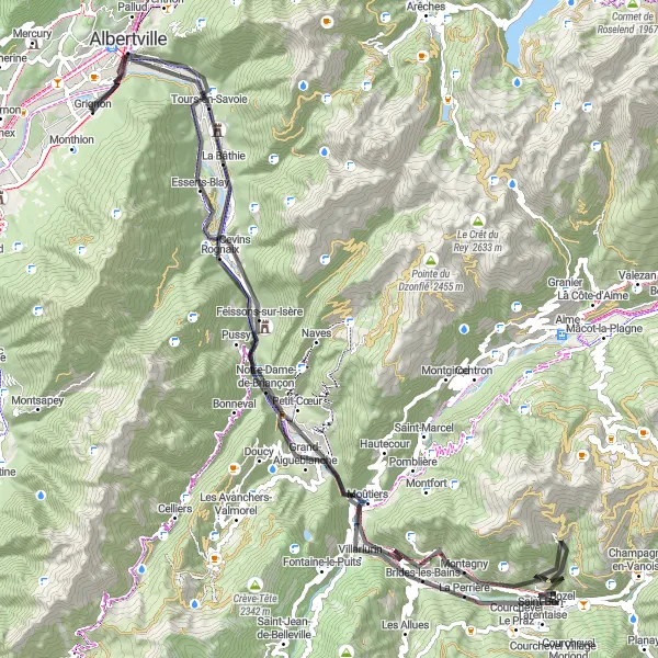 Mapa miniatúra "Cyklotrasa cez Tours-en-Savoie a Albertville" cyklistická inšpirácia v Rhône-Alpes, France. Vygenerované cyklistickým plánovačom trás Tarmacs.app