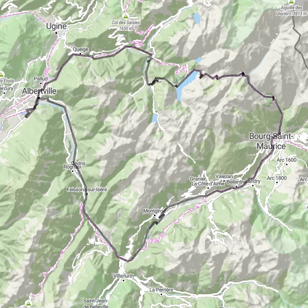 Miniatua del mapa de inspiración ciclista "Ruta de Grignon a Albertville por Cormet de Roselend" en Rhône-Alpes, France. Generado por Tarmacs.app planificador de rutas ciclistas
