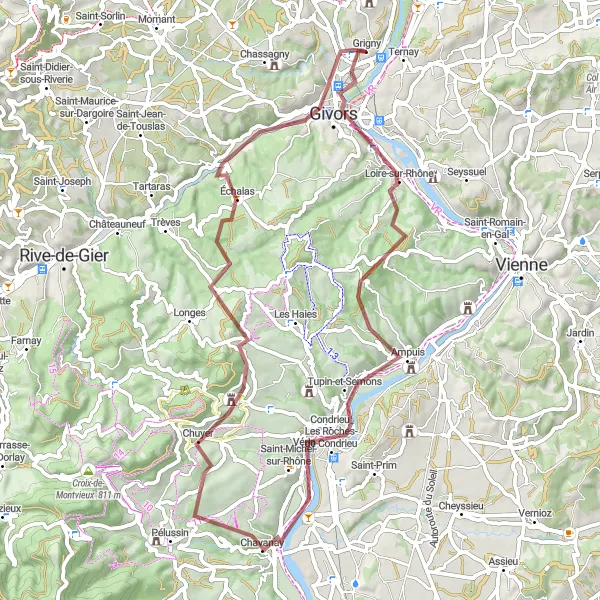 Mapa miniatúra "Jazda na štrkových cestách okolo Grigny" cyklistická inšpirácia v Rhône-Alpes, France. Vygenerované cyklistickým plánovačom trás Tarmacs.app