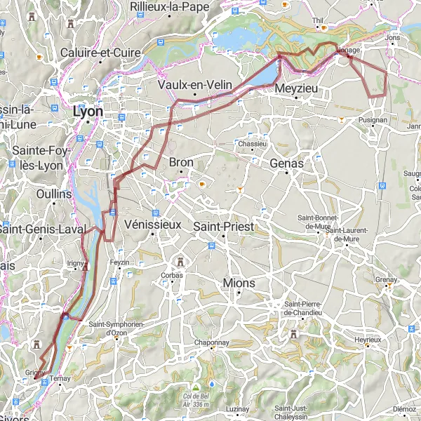 Miniature de la carte de l'inspiration cycliste "Tour de Grigny par les chemins de gravier" dans la Rhône-Alpes, France. Générée par le planificateur d'itinéraire cycliste Tarmacs.app