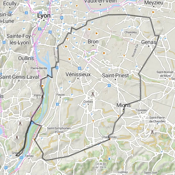 Map miniature of "Discover the Rhone River Road" cycling inspiration in Rhône-Alpes, France. Generated by Tarmacs.app cycling route planner