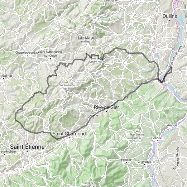 Miniature de la carte de l'inspiration cycliste "Les Montagnes du Pilat Road Cycling Loop" dans la Rhône-Alpes, France. Générée par le planificateur d'itinéraire cycliste Tarmacs.app