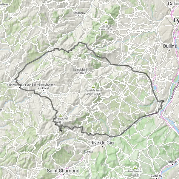 Miniatura della mappa di ispirazione al ciclismo "Tour delle Montagne del Beaujolais" nella regione di Rhône-Alpes, France. Generata da Tarmacs.app, pianificatore di rotte ciclistiche