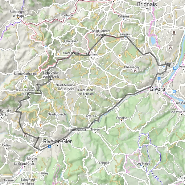 Map miniature of "The Treves Tour" cycling inspiration in Rhône-Alpes, France. Generated by Tarmacs.app cycling route planner