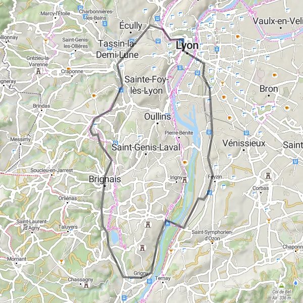 Mapa miniatúra "Krátka cyklotrasa s miestnymi atrakciami (49 km, 371 m prevýšenie)" cyklistická inšpirácia v Rhône-Alpes, France. Vygenerované cyklistickým plánovačom trás Tarmacs.app