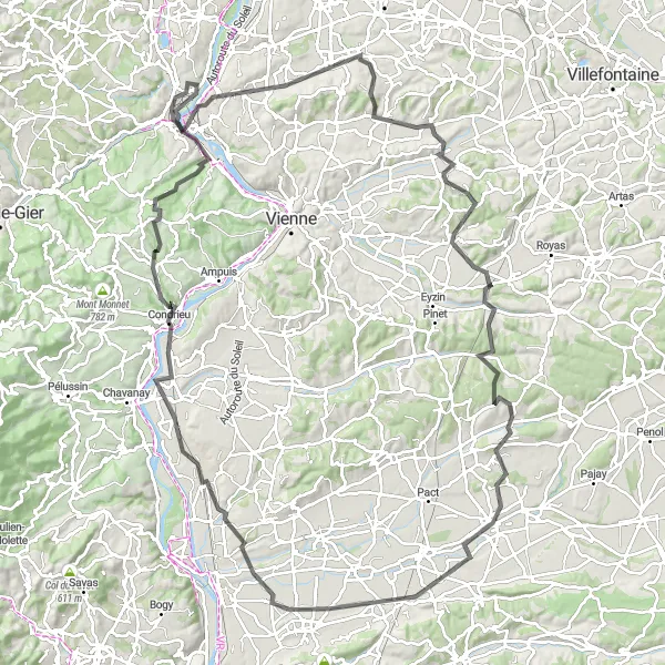 Miniaturní mapa "Okruh po silničních cestách kolem Grigny" inspirace pro cyklisty v oblasti Rhône-Alpes, France. Vytvořeno pomocí plánovače tras Tarmacs.app