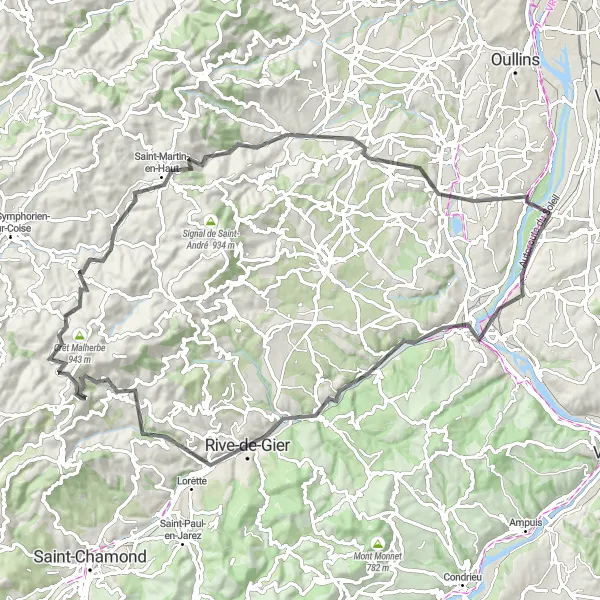 Mapa miniatúra "Rozmanitá cyklotrasa s kultúrnymi zastávkami" cyklistická inšpirácia v Rhône-Alpes, France. Vygenerované cyklistickým plánovačom trás Tarmacs.app