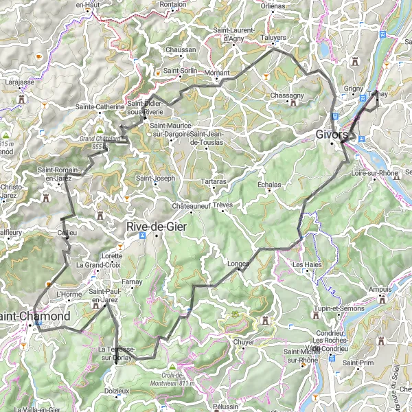 Miniatua del mapa de inspiración ciclista "Exploración en Bicicleta de Montañas y Caminos Rurales" en Rhône-Alpes, France. Generado por Tarmacs.app planificador de rutas ciclistas