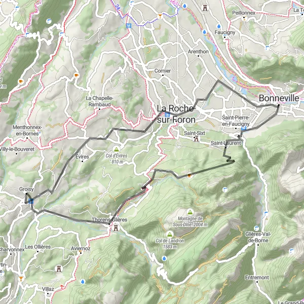 Mapa miniatúra "Cyklistická trasa okolo Groisy" cyklistická inšpirácia v Rhône-Alpes, France. Vygenerované cyklistickým plánovačom trás Tarmacs.app