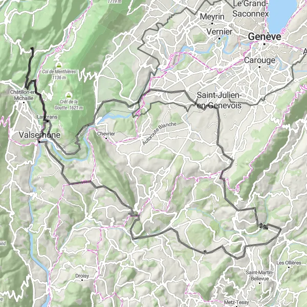 Map miniature of "Groisy to Bellegarde-sur-Valserine Loop" cycling inspiration in Rhône-Alpes, France. Generated by Tarmacs.app cycling route planner