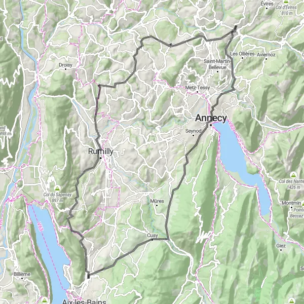 Karttaminiaatyyri "Panoramanäkymiä ja haastavaa pyöräilyä Groisyn läheisyydessä" pyöräilyinspiraatiosta alueella Rhône-Alpes, France. Luotu Tarmacs.app pyöräilyreittisuunnittelijalla