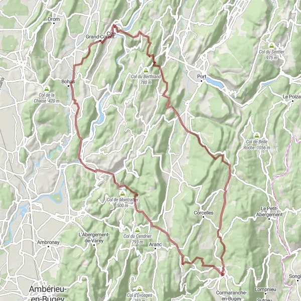 Map miniature of "The Gravel Mountain Loop" cycling inspiration in Rhône-Alpes, France. Generated by Tarmacs.app cycling route planner