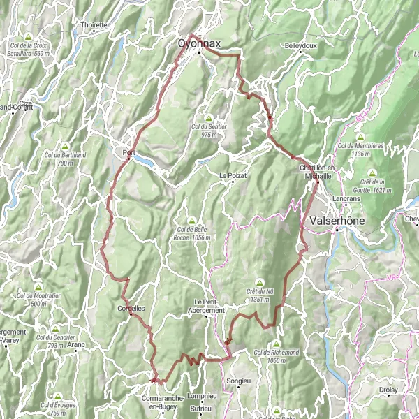 Miniatua del mapa de inspiración ciclista "Ruta de ciclismo de grava por Hauteville-Lompnes" en Rhône-Alpes, France. Generado por Tarmacs.app planificador de rutas ciclistas