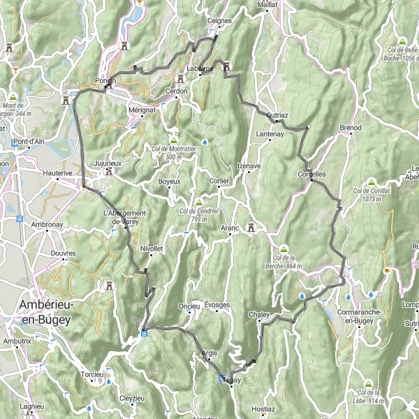 Karttaminiaatyyri "Rantamaantiepyöräilyä Bugeyn alueella" pyöräilyinspiraatiosta alueella Rhône-Alpes, France. Luotu Tarmacs.app pyöräilyreittisuunnittelijalla