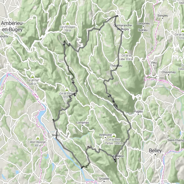 Map miniature of "Thezillieu and Col du Ballon Cycling Route" cycling inspiration in Rhône-Alpes, France. Generated by Tarmacs.app cycling route planner