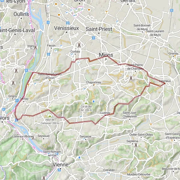 Map miniature of "The Valencin Adventure" cycling inspiration in Rhône-Alpes, France. Generated by Tarmacs.app cycling route planner