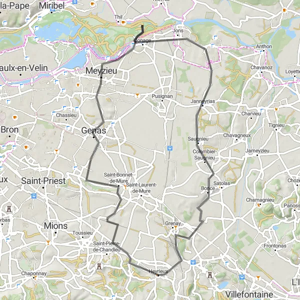 Map miniature of "Heyrieux Scenic Loop" cycling inspiration in Rhône-Alpes, France. Generated by Tarmacs.app cycling route planner