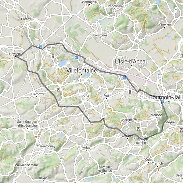 Map miniature of "Heyrieux to La Verpillière Round Trip" cycling inspiration in Rhône-Alpes, France. Generated by Tarmacs.app cycling route planner