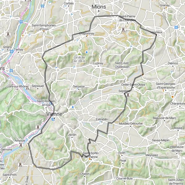 Zemljevid v pomanjšavi "Okoliška cikel pot od Heyrieux (Rhône-Alpes, Francija)" kolesarske inspiracije v Rhône-Alpes, France. Generirano z načrtovalcem kolesarskih poti Tarmacs.app