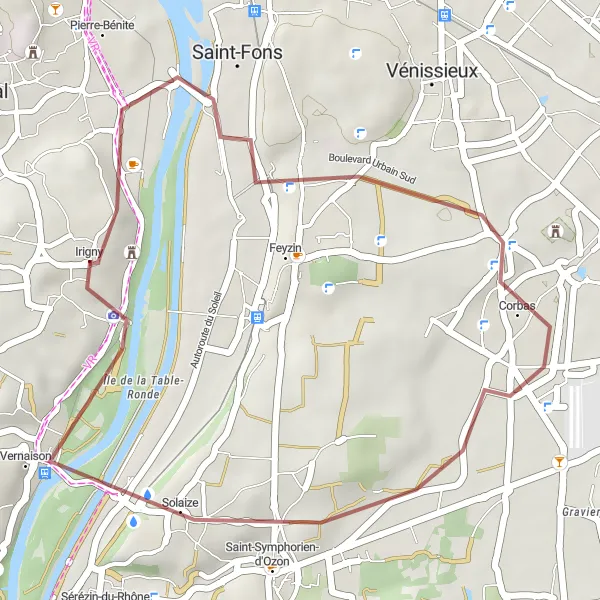 Map miniature of "Gravel Cycling: Saint-Fons, Corbas, Irigny" cycling inspiration in Rhône-Alpes, France. Generated by Tarmacs.app cycling route planner