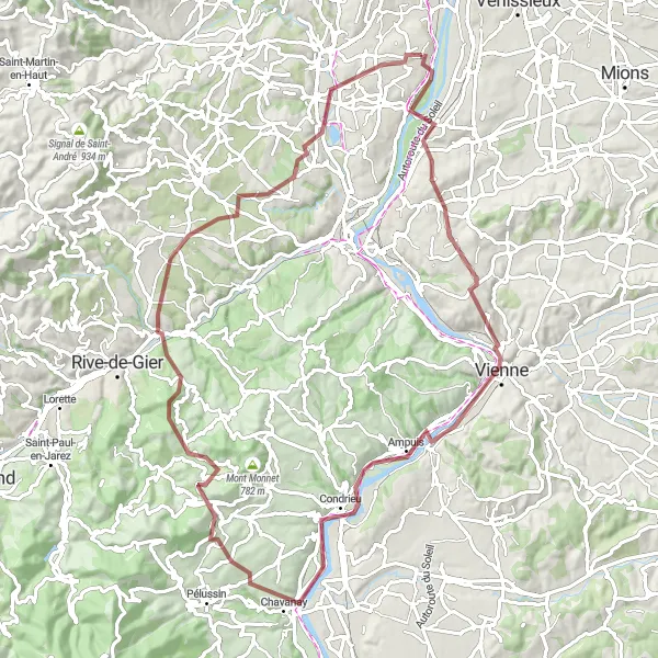 Map miniature of "Gravel Tour to Vourles and Beyond" cycling inspiration in Rhône-Alpes, France. Generated by Tarmacs.app cycling route planner