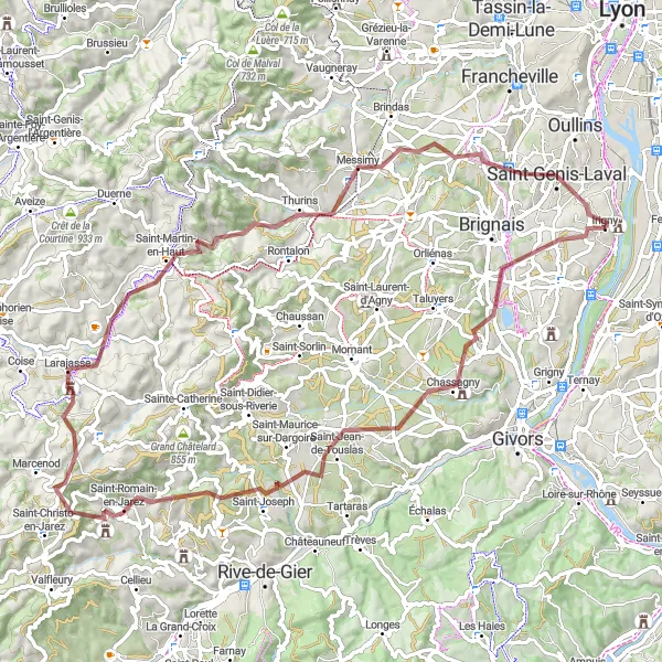 Kartminiatyr av "Grusväg till Saint-Genis-Laval" cykelinspiration i Rhône-Alpes, France. Genererad av Tarmacs.app cykelruttplanerare