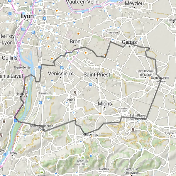 Map miniature of "Road Cycling: Saint-Fons, Chassieu, Saint-Pierre-de-Chandieu, Vernaison" cycling inspiration in Rhône-Alpes, France. Generated by Tarmacs.app cycling route planner