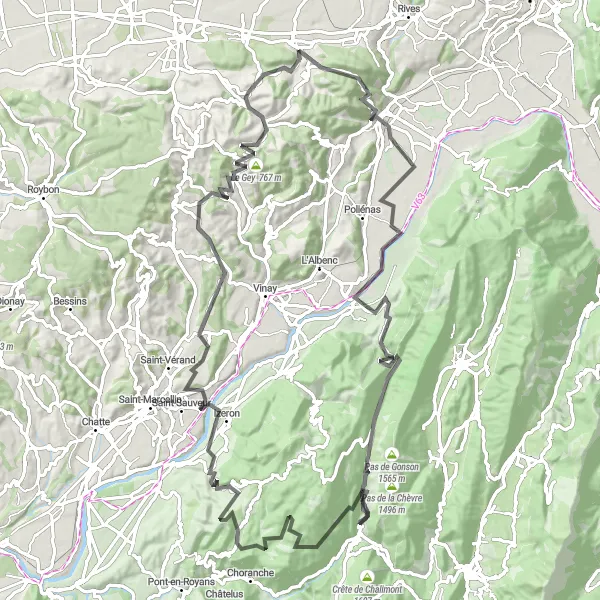 Miniaturekort af cykelinspirationen "Spændende landevejscykelrute i Rhône-Alpes" i Rhône-Alpes, France. Genereret af Tarmacs.app cykelruteplanlægger