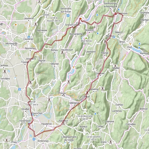 Miniatura della mappa di ispirazione al ciclismo "Esplorazione off-road tra Izernore e Jujurieux" nella regione di Rhône-Alpes, France. Generata da Tarmacs.app, pianificatore di rotte ciclistiche