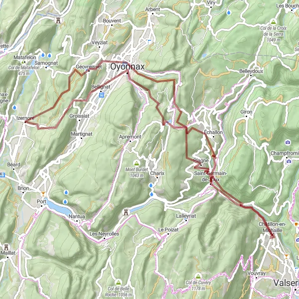 Karten-Miniaturansicht der Radinspiration "Bergige Schottertour rund um Izernore" in Rhône-Alpes, France. Erstellt vom Tarmacs.app-Routenplaner für Radtouren