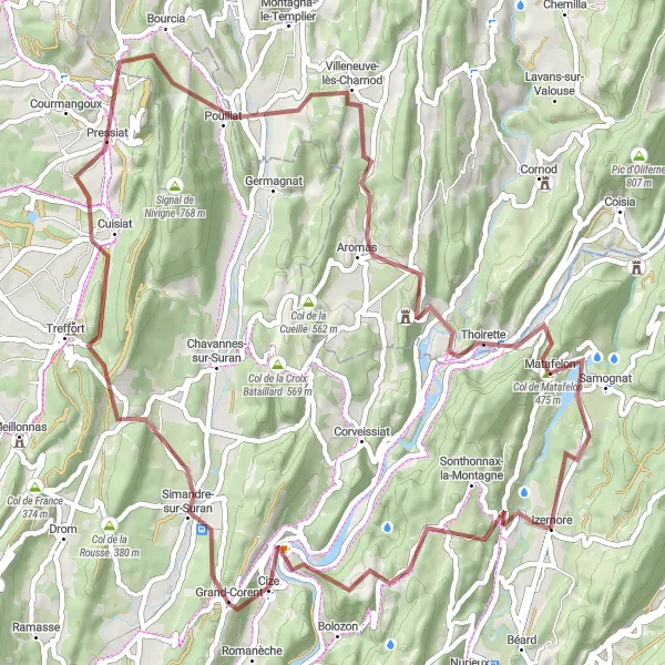 Karttaminiaatyyri "Maastopyöräilyreitti Izernoresta: Panorama de la boucle de l'Ain" pyöräilyinspiraatiosta alueella Rhône-Alpes, France. Luotu Tarmacs.app pyöräilyreittisuunnittelijalla
