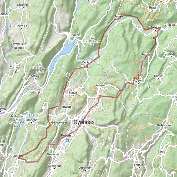 Miniatua del mapa de inspiración ciclista "Aventura en los alrededores de Izernore" en Rhône-Alpes, France. Generado por Tarmacs.app planificador de rutas ciclistas