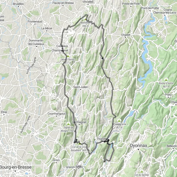 Karttaminiaatyyri "Haastava reitti Col de Matafelonin läpi" pyöräilyinspiraatiosta alueella Rhône-Alpes, France. Luotu Tarmacs.app pyöräilyreittisuunnittelijalla