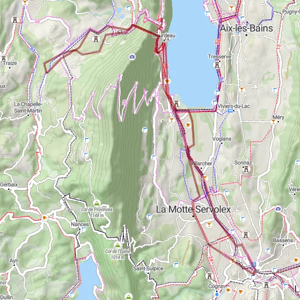 Miniatura della mappa di ispirazione al ciclismo "Esplorazione in Gravel intorno al Lago Bourget" nella regione di Rhône-Alpes, France. Generata da Tarmacs.app, pianificatore di rotte ciclistiche