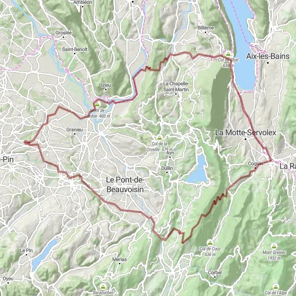 Miniature de la carte de l'inspiration cycliste "Parcours gravel à travers les villages de Rhône-Alpes" dans la Rhône-Alpes, France. Générée par le planificateur d'itinéraire cycliste Tarmacs.app