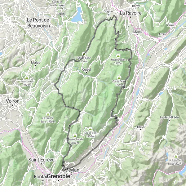 Karttaminiaatyyri "Haastava reitti kohti Saint-Pierre-de-Chartreusea" pyöräilyinspiraatiosta alueella Rhône-Alpes, France. Luotu Tarmacs.app pyöräilyreittisuunnittelijalla