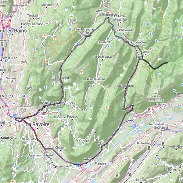 Miniatua del mapa de inspiración ciclista "Ruta de ciclismo de carretera desde Jacob-Bellecombette" en Rhône-Alpes, France. Generado por Tarmacs.app planificador de rutas ciclistas