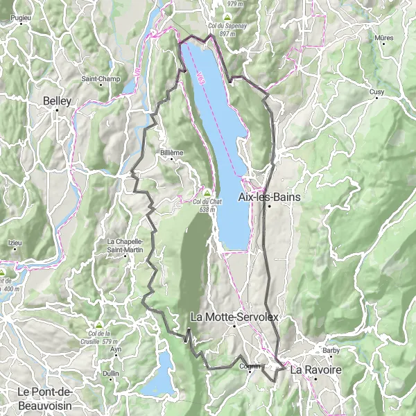 Miniatua del mapa de inspiración ciclista "Ruta desde Jacob-Bellecombette a Chambéry por Aix-les-Bains" en Rhône-Alpes, France. Generado por Tarmacs.app planificador de rutas ciclistas