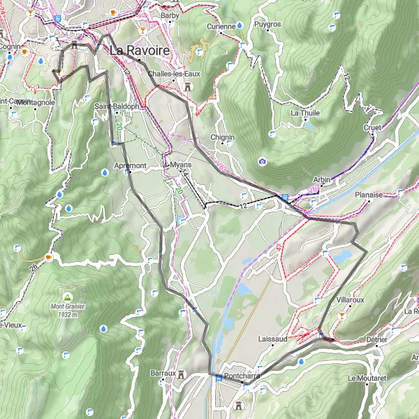 Miniaturekort af cykelinspirationen "Kort cykeltur med udfordrende stigninger nær Jacob-Bellecombette" i Rhône-Alpes, France. Genereret af Tarmacs.app cykelruteplanlægger