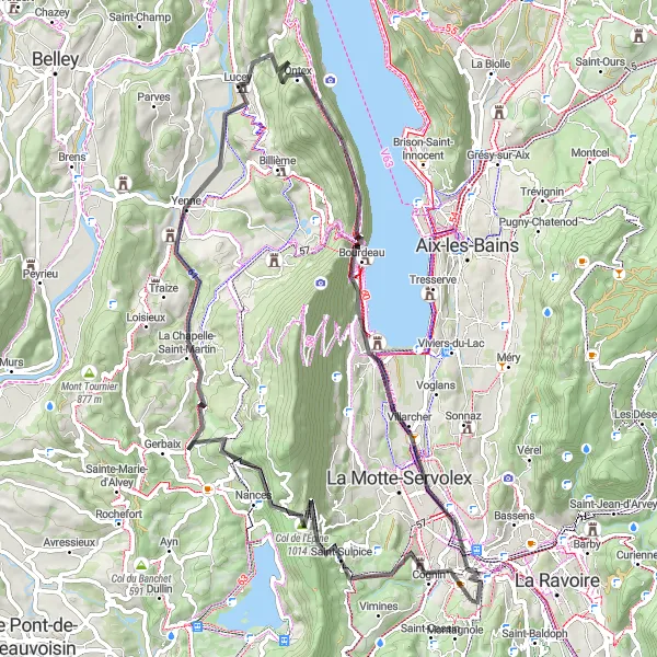 Mapa miniatúra "Cestná cyklotrasa s panoramami Chambéry" cyklistická inšpirácia v Rhône-Alpes, France. Vygenerované cyklistickým plánovačom trás Tarmacs.app