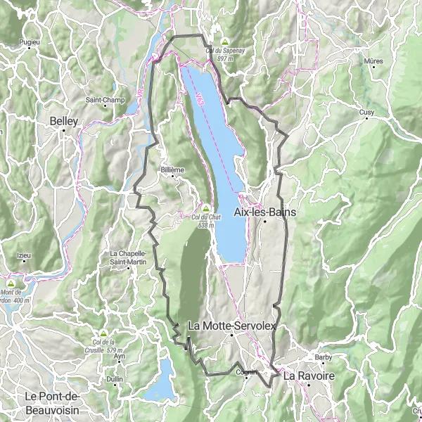 Karttaminiaatyyri "Jacob-Bellecombette - Belvédère Chantemerle Pyöräilyreitti" pyöräilyinspiraatiosta alueella Rhône-Alpes, France. Luotu Tarmacs.app pyöräilyreittisuunnittelijalla