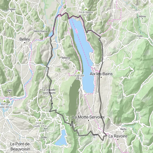Zemljevid v pomanjšavi "Ekskluzivna cestna tura z izzivom vzponov in 95 km slikovitih poti" kolesarske inspiracije v Rhône-Alpes, France. Generirano z načrtovalcem kolesarskih poti Tarmacs.app